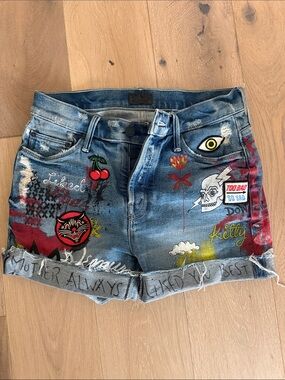 Distressed Embroidered/Paint Blue Denim Shorts